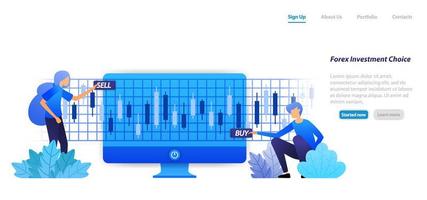 La acción sobre una inversión financiera compra venta o pérdida de beneficios es un riesgo en las decisiones de inversión en divisas. concepto de ilustración plana para página de destino, web, interfaz de usuario, banner, folleto, cartel, plantilla, fondo vector