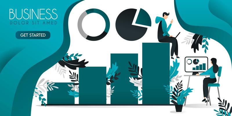 chart tables and statistics. frame for writing. the man who sits above the bar chart and the woman who works below can be use for presentation, web design, banner ui ux, landing page, book cover