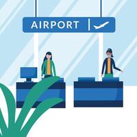 Women with medical masks on airport reception vector design