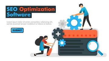 Ilustración de vector de software de optimización de SEO. los programadores realizan el mantenimiento y aumentan los resultados de los motores de búsqueda con la optimización seo. se puede utilizar para páginas de destino, sitios web, aplicaciones móviles, ui ux, carteles publicitarios