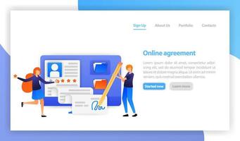 flat vector illustration for web, banner, landing page, mobile, UI. businessman signing online contract agreement with computer. smart digital agreement sign. Partnership, deal, negotiations concept