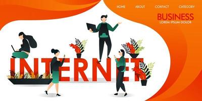 vector illustration or web page with orange and yellow. a group of people who are communicating using internet technology around the words INTERNET. a man who was standing was holding a laptop