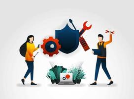 flat cartoon character. people are repairing and maintaining security systems with tools and shields. to improve security surveillance, security services company provides workers with security tools vector