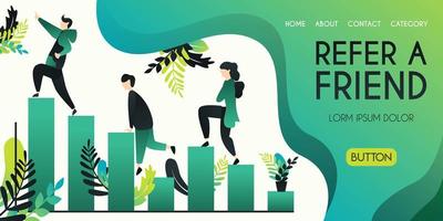 Refer a friend vector illustration concept, group of people climbing and climbing char bar statistics with refer a friend word , can use for, landing page, template, ui, web