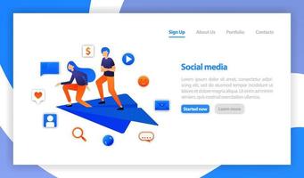 social media icon. paper plane to send messages. two young man or Businessman stands on paper airplanes. communication with chatting. flat vector illustration for web, banner, landing page, mobile