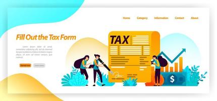 fill out tax bill payment form. report annual income, business, ownership of financial assets. vector illustration concept for landing page, ui ux, web, mobile app, poster, banner, website, flyer, ads