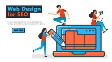 diseño web para ilustración de vector de línea seo. diseño web con software y aplicaciones en laptops con lápiz y wireframe para optimizar seo en buscadores. página de destino banner del sitio web anuncio móvil