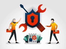 flat cartoon character. technicians carry out maintenance and repairs to security systems in factories and industries. reduce security threats and improve protection for all users of security products vector