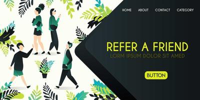 Refer a friend vector illustration concept, group of people who are greeting and talking with refer a friend word , can use for, landing page, template, ui, web