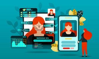 flat cartoon character. vector illustration for technology, security, future.woman trying to log in by scanning face. program in smartphone match information face data with diagram, dot, line, face