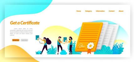 get a certificate for seminar, company, university or achievement of success student or worker in reaching a goal. vector illustration concept for landing page, ui ux, web, mobile app, poster, banner