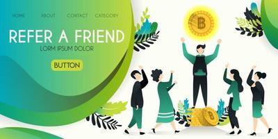 Refer a friend vector illustration concept, group of people who are looking at men who are spending money, bitcoin floating with refer a friend word , can use for, landing page, template, ui, web