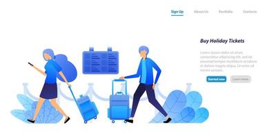 people hold suitcases waiting and queuing to buy flights departure tickets for holidays and tours. vector illustration concept for landing page, web, ui, banner, flyer, poster, template, background
