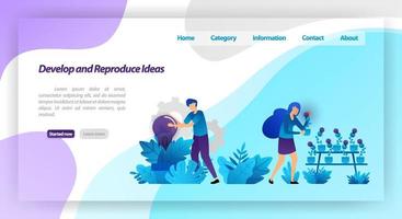 Desarrollar y reproducir ideas. Parque con plantas de bombilla. trabajo en equipo cosechando y cuidando la idea. concepto de ilustración vectorial para página de destino, ui ux, web, aplicación móvil, póster, pancarta, sitio web, folleto vector