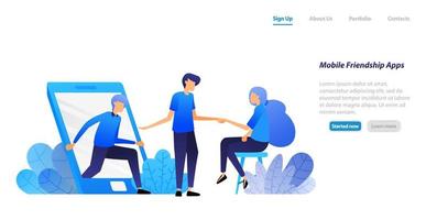 people get out of mobile and invite to meet. friendship, introduction and matchmaking application. vector illustration concept for landing page, web, ui, banner, flyer, poster, template, background