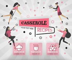pink vector illustration concept. casserole recipes cover book.  healthy cooking recipe and deliciou food cover can be for, magazine, cover, banner, website, cookbook, book, mobile. flat cartoon style