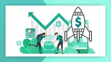 how to start a business. entrepreneurs and investors who push the button to start a business. startup company with rocket launching. vector illustration concept for landing page ui web mobile poster