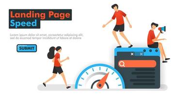 Landing Page speed vector illustration. People measure speed on the web and search engines to optimize SEO in processing keywords and search results. Can be used for Marketing Website Mobile App Ads