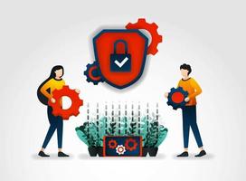 Personaje plano. Las empresas proveedoras de servicios de seguridad brindan capacitación a los oficiales de seguridad para mejorar el monitoreo del servicio de seguridad y reducir las amenazas de seguridad para cada producto, herramientas y mecanismos de seguridad. vector