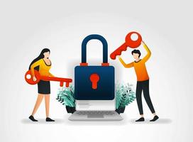 Vector illustration concept. people are holding key to trying to enter and unlock application security but fail because executive protection and products from security services company that very good.