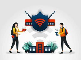 concepto de ilustración vectorial. los estudiantes acceden a Internet de forma segura mediante una red wifi y un escudo. Verificación de seguridad de la red asegurando wifi con la ayuda de la empresa de servicios de seguridad y empresas de seguridad. vector