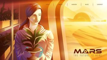 Female scientist working in the plantation center on mars vector