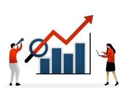 business and promotion of vector illustration. SEO logo, analyze and search for keywords and determine sales growth targets, charts with stable and increasing growth.flat character style