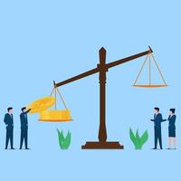 Man put coin on legal scales metaphor of law against corruption and bribery. Business flat vector concept illustration.