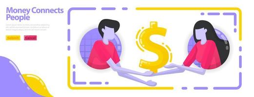 Illustration money connects people. People shake hands and get out money. Cooperation in business and finance. Dollar and investment. Flat vector concept for Landing page, website, mobile, apps ui, ux