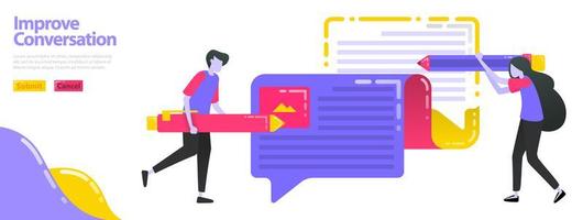 Illustration improve conversation. People who are writing opinions can ballon chat. Improve and update opinions and information. Flat vector concept for Landing page, website, mobile, apps ui, banner