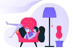 niña acostada en el sofá mientras lee un libro bajo una lámpara decorativa. mujer relajante usar ropa sexy o casual. concepto de ilustración vectorial plana para página de destino, sitio web, web, aplicaciones móviles, ui ux vector