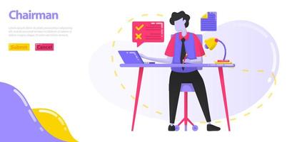 Illustration Chairman. The CEO who is working at the desk. Men who manage the work and operations of the company. flat vector concept for Landing page, website, mobile, apps ui, banner, poster, flyer