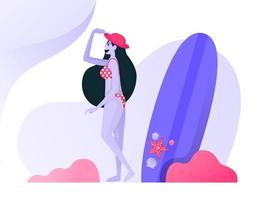 chica con bikini al lado de la tabla de surf mientras disfruta del verano. mujeres que se relajan y se relajan con sombreros en la playa. concepto de ilustración vectorial plana para página de destino, sitio web, web, aplicaciones móviles ui ux vector