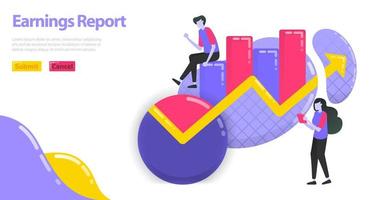 Illustration of earnings report. Increase business and company income. Chart and pie chart for statistics. flat vector concept for Landing page, website, mobile, apps, banner, poster, flyer, brochure