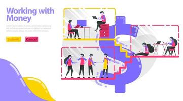 Illustration of working with money. People work, do activities and interact in dollar building. People work in the workplace. Flat vector concept for Landing page, website, mobile, apps ui, ux, poster