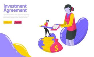 Illustration of investment agreement. person who signed the agreement with the investment manager. Invest in money and asset. flat vector concept for Landing page, website, mobile, apps ui, ux, banner