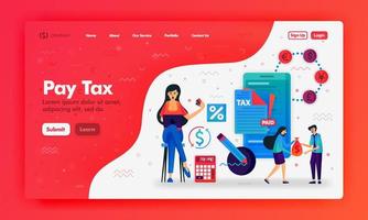 Ads to pay taxes with flat illustrations mobile phone, calculator and document. Filling out and submitting a tax bill. Can use for landing page, Website, UI UX, Web, Mobile App, Ads, Promotion, Poster vector