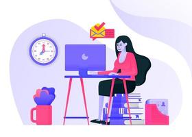 girl is working by sitting on a pile of books and reading e-mail on the computer screen. women work wearing sexy or casual clothes. Flat vector illustration concept for Landing page, website, mobile