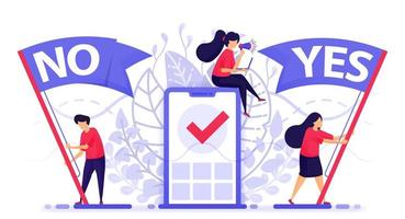 People fly flag to choose yes or no to give feedback. Online polling mobile apps to choose to agree or disagree on an issue or problem. Vector Illustration For Web, Landing Page, Banner, Mobile Apps