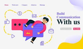 Mobile and landing page applications to build communication with the design of a man on a balloon chat or bubble chat and social media icon. Flat vector illustration concept for web, poster, website