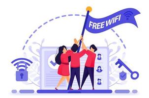 la gente enarbola bandera para protestar para obtener acceso gratuito a internet o wifi con la máxima seguridad. clave para entrar en la protección del cortafuegos para obtener wi-fi gratis. ilustración vectorial para web, página de destino, banner, móvil vector