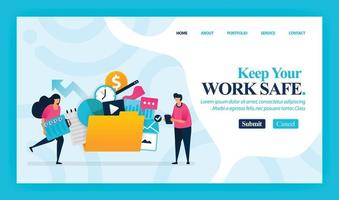Landing page vector design of Keep Your Work Safe. Easy to edit and customize. Modern flat design concept of web page, website, homepage, mobile apps, UI. character cartoon Illustration flat style.