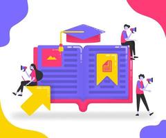 ilustraciones de libros para la educación. estudiantes que estudian entre libros o diccionarios. marcador en páginas importantes del libro. sombrero de graduacion. concepto de vector plano para página de destino, sitio web, móvil, aplicaciones