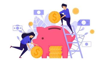Saving Into a Piggy Bank. Depicts People Putting Money Into Banking to Copy Save and Bank Interest for Return on Investment ROI. Character Concept Vector Illustration For Web Landing Page, Mobile Apps