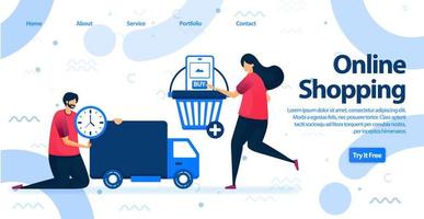 Online shopping or e-commerce landing page. Shop with mobile apps and get free and fast shipping with logistic service in our store. Vector Illustration For Web, Landing Page, Banner, Mobile Apps