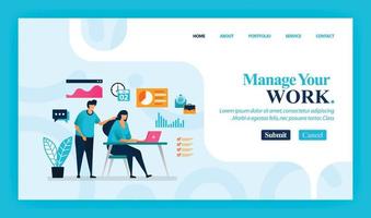 Landing page vector design of Manage Your Work. Easy to edit and customize. Modern flat design concept of web page, website, homepage, mobile apps, UI. character cartoon Illustration flat style.