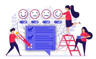 las personas revisan y completan cuestionarios, encuestas o exámenes de servicio o producto. proporcionar comentarios con emoticonos de la experiencia del cliente. ilustración vectorial para web, página de destino, banner, móvil vector