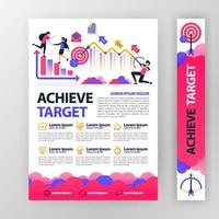 business poster about achieving and planning company targets with flat cartoon illustration. flyer business pamphlet brochure magazine cover design layout space for vector print template in A4 size