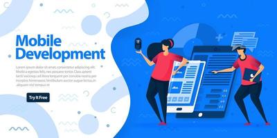 Mobile development apps websites and landing page template. Make mobile apps with more responsive and easier to access on all devices. Vector Illustration For Web, Landing Page, Banner, Mobile Apps