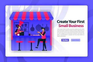 vector flat illustration of opening a food stall or small medium business. customer and chef started to become entrepreneur or startup founder. can use for landing page, website, web, homepage, mobile